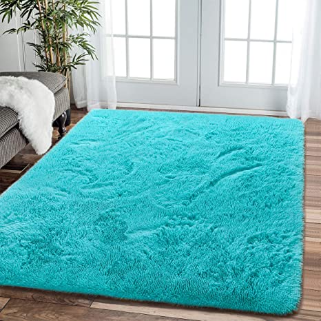 Comeet Soft Living room Area Rugs for Bedroom Fluffy Rugs for Kids Room, Floor Modern Indoor Shaggy Plush Carpets, Home Decor Fuzzy Comfy Nursery Baby Boys Abstract Accent, Teal Blue Shag rug 4x6 Feet