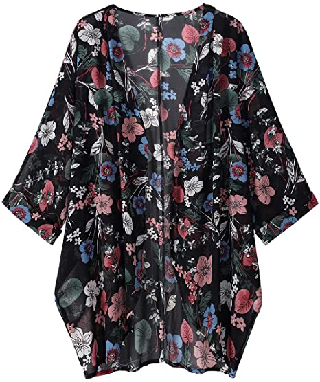 OLRAIN Women's Floral Print Sheer Chiffon Loose Kimono Cardigan Capes