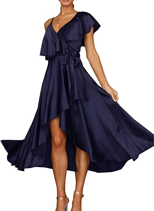 LOLONG Dresses for Women Summer Satin V Neck Ruffle High Low Flowy Maxi Long Dress