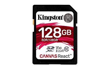 Kingston 128GB SDXC Canvas React 100R/80W CL10 UHS-I U3 V30 A1