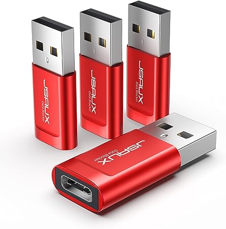 JSAUX USB-C Data Blocker, (4-Pack) USB-A to USB-C Female Defender Only for Quick Charge, Protect Against Juice Jacking, Refuse Hacking Provide Safe Charging- Red