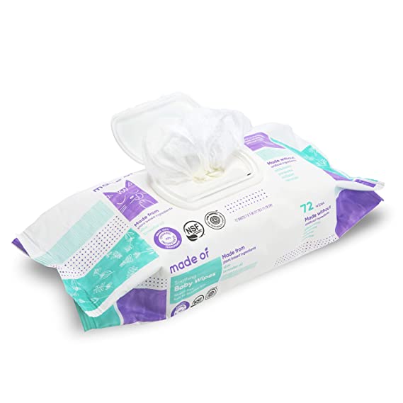 Organic Baby Wipes by MADE OF - Soothing Soft for Sensitive Skin and Eczema - NSF Organic and EWG Verified - Made in USA - Fragrance Free/Unscented, 72 count (1-Pack)