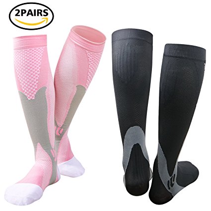 Compression Socks for Men & Women(2 Pairs), BULESK Medical Grade Graduated Recovery Stockings for Nurses, Boost Stamina, Varicose, 20-30 Mmhg Fit for Running, Medical, Flight Travel (Black&Pink)