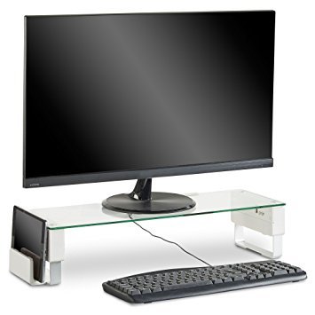 VonHaus Monitor Stand with Adjustable Height Settings, USB Ports, Headphone & Microphone Jack - Glass Screen Riser with Cable Management for Computers, Laptops & Screens | 58 x 21 cm