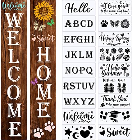 18 Pieces Welcome Stencils Letters Wall Stencils Reusable Stencils Welcome Seasonal Sunflower Leaf Sign Stencils for Painting on Wood Wall and More