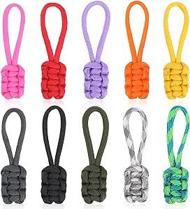 10 Pcs Zipper Pull Replacement,Universal Nylon Zipper Repair Kit Hand Woven Rope Zipper Handle Cord Pull Tab Metal Zipper Head Replacement Zipper Extension Pulls for Suitcase,Backpacks,Jackets,Boots