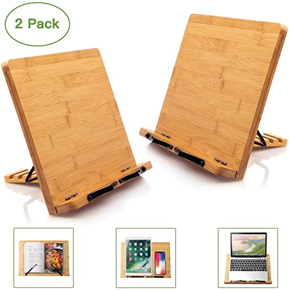 Bamboo Book Stand Cookbook Holder Desk Reading with 5 Adjustable Height, Portable and Foldable Bookstands for Textbook, Recipe, Magazine, Music Book, Laptop, Tablet, Paper Page by Pipishell (2 Pack)