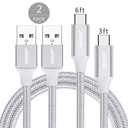 Type C Cable USB 3.0,JianHan 2 Pack 3ft/6ft (1M/2M) USB Type C Charger Cable Fast Charging Cord for Samsung Galaxy S8 S9 Plus,Note 8/9,LG G6 G5 V20 V30,OnePlus 5 3T 2,Google Pixel 2 XL (Silver)