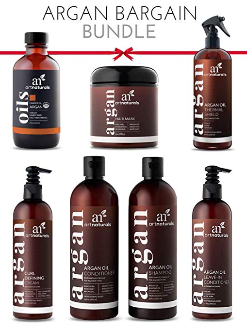 ArtNaturals Argan Oil Gift Set - Argan Bargain Set Includes - Shampoo and Conditioner, Hair Mask, Leave In Conditioner, Thermal Hair Protector Spray Curl Defining Cream and Argan Oil