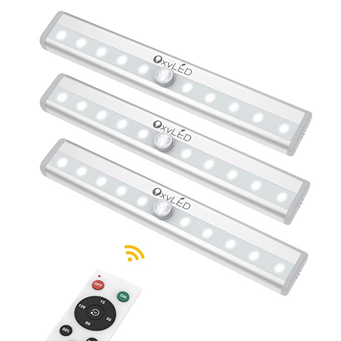 Closet Lights with Remote Control, OxyLED 3-Pack Battery Operated Night Lights Cordless Under Cabinet Lighting, Stick-on Wireless 10 LED Night Light Bar for Bookshelf, Wardrobe, Hallway, Stairway