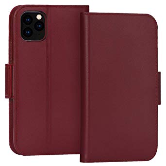 FYY Case for iPhone 11 Pro Max 6.5”, Luxury [Cowhide Genuine Leather][RFID Blocking] Wallet Case, Handmade Flip Folio Case with [Kickstand Function] and[Card Slots] for iPhone 11 Pro Max 6.5” Wine Red