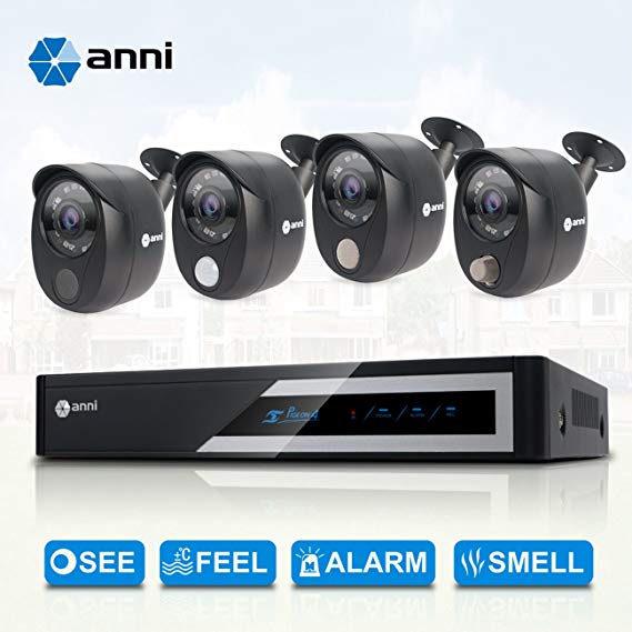 ANNI Integrated Full Protection Wired Surveillance Kit, 8-Channel 1080N Digital Video Recorder, 4 x 1080p Cameras: 1 x PIR Sensor Camera, 1 x Gas Detector Camera, 1 x Siren Alarm Camera