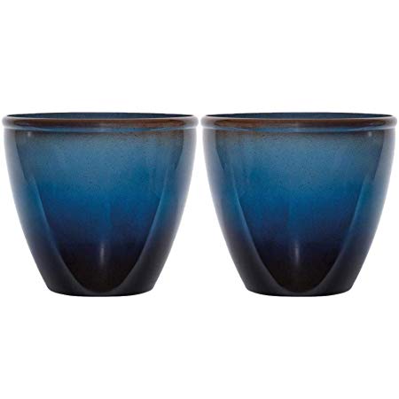 Suncast 16" Seneca Premium Glaze Resin Flower Planter Pot - Contemporary Weather-Resistant Flower Pot for Indoor and Outdoor Use, Home, Yard, or Garden - Dark Blue Ombre - Set of 2