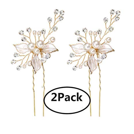 Ammei Gold Wedding Headpieces For Bride Handmade Leaves Design Bridal Hair Pins with Rhinestones and Pearls Set Of 2 (Gold)