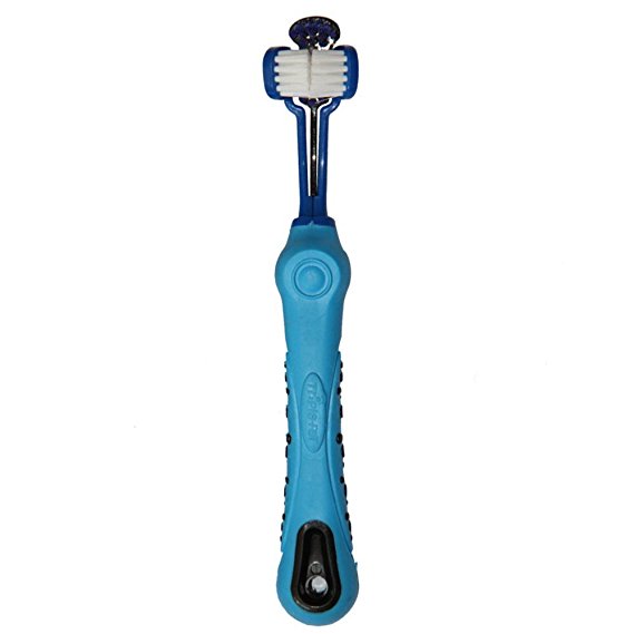 [AIDIYA] Dog Toothbrush for Pet Dental Care - Triple Headed Toothbrush - Recommended By Vets and Pet Groomers - Medium Large Sized Dogs - Ergonomic Handle Design for Easy Oral Care Grooming (Blue)