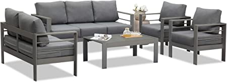 Wisteria Lane Outdoor Patio Furniture Sets, Aluminum Sectional Sofa, Grey Metal Conversation Set with Dark Grey Cushions