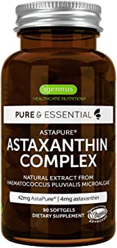 Pure & Essential Astaxanthin Complex, 90 Vegan Softgels, Non-GMO 42 mg Natural Astapure Providing 4 mg H. Pluvialis Astaxanthin