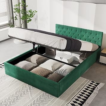 Ottoman Bed,Hydraulic Lifting Under Bed Storage, Double Bed Frame for Bedroom,Living Room and Other Occasions,No Mattress,Velvet,135 x 190 CM-Green