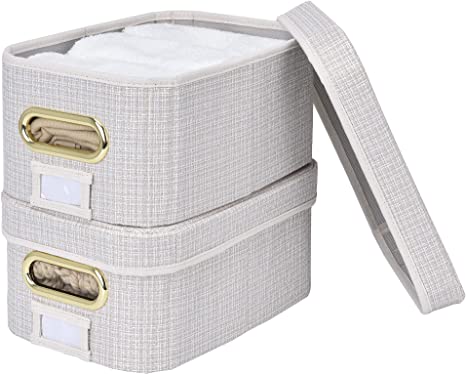 StorageWorks Decorative Storage Bins with Lids, Storage Basket for Organizing, Shelf Bins for Home/Office, Small, Beige White, 2 Pack