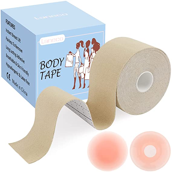 Laneco Boob Tape, Bob Tape for Breast Lift, 23 Feet Extra-Long Roll Boobytape with 2pcs Reusable Nipple Covers, Body Tape for Large Breasts A-G Cup Size, Sweatproof & Comfortable