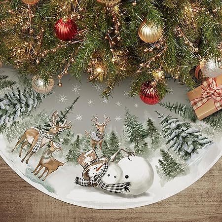 AVOIN colorlife Snowman Reindeer Snowflake Christmas Tree Skirt 48 Inch, Winter Holiday Tree Mat Decoration