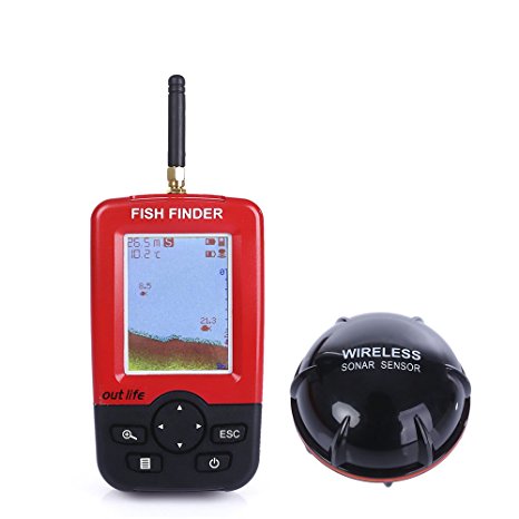 OutLife Fish Finder - Wireless Sonar Sensor and Handheld LCD Display Monitor with Depth / Water Temperature / Fish Size / Location, for Small Boats Ice Lake Sea Night Fishing, Accuracy up to 0.1m