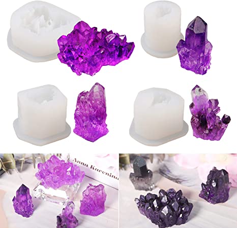 LET’S Resin 4 Pcs Resin Crystal Molds, Silicone Crystal Cluster Molds, Small Size Crystal Quartz Stone Molds for Resin Tray Decoration,Home Decoration