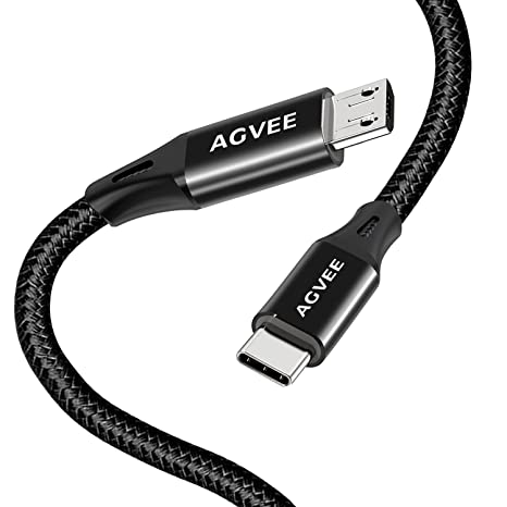 AGVEE [2 Pack 1ft] USB-C OTG to Micro USB Cable, Braided Charger Data Sync Cord Charging Wire Adapter for Samsung Galaxy S7 S6, J7, J3, LG, PS4, Kindle, PS4 Xbox Controller, Android Phone, Black