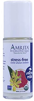 Amrita Aromatherapy Organic Stress Free Roll-On Relief, Natural Stress Relief, Organic Lotion Base with Rose Geranium, Ylang Ylang, Lavender Extra, Red Mandarin & Pink Grapefruit Essential Oils, 30ML