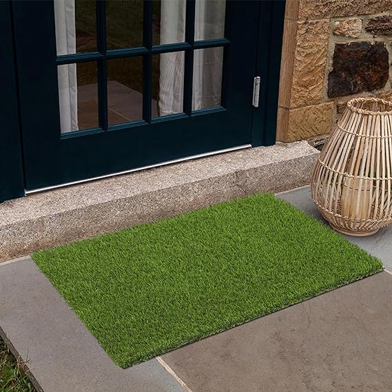 SHACOS Artificial Grass Door Mats 16"x24" Small Outdoor Fake Grass Mats Turf Grass Rugs with Drainage Holes Grass for Dogs Patio Balcony Yard Lawn Garden Decor, Green Yellow