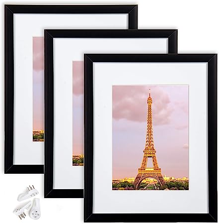 upsimples 8.5x11 Picture Frame Set of 3, Made of High Definition Glass for 6x8 with Mat or 8.5x11 Without Mat, Wall Mounting Photo Frames, Black