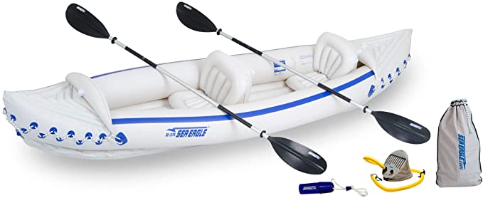 Sea Eagle Unisex's 370 Deluxe 3 Person Inflatable Portable Sport Canoe Includes 2 Kayak Seats, 2 Paddles, Foot Pump and Carry/Storage Bag Floatation, White/Blue, One size