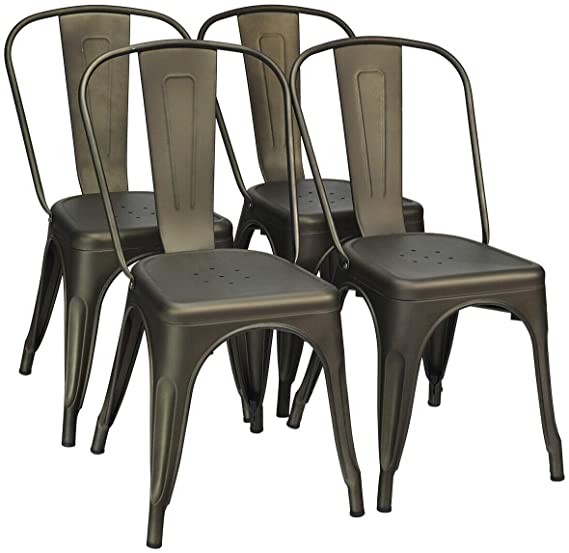 COSTWAY Tolix Style Dining Chairs Industrial Metal Stackable Cafe Side Chair w/Wood Seat Set of 4 (Gun-Painted)