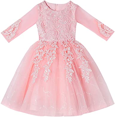 Myosotis510 Girls' Lace Princess Wedding Baptism Dress Long Sleeve Formal Party Wear for Toddler Baby Girl