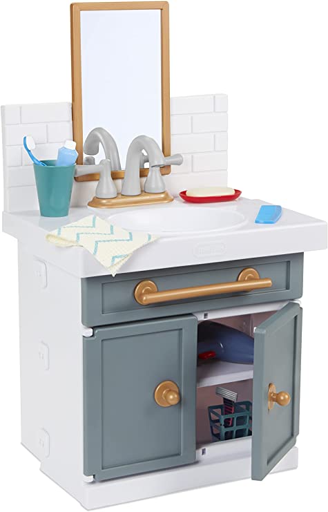 Little Tikes First Bathroom Sink with Real Working Faucet Pretend Play for Kids, 12 Bathroom Accessories, Interactive Unique Toy Multi-Color, Ages 2  Grey