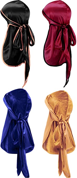 Tatuo 2 Pieces Velvet Durag and 2 Pieces Silky Soft Durag Cap Headwraps with Long Tail and Wide Straps for 360 Waves