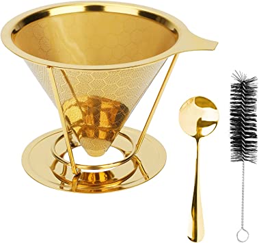 Pour Over Coffee Dripper, BicycleStore Stainless Steel Reusable Coffee Filter Slow Drip Paperless Coffee Strainer 1-4 Cup Metal Cone Coffee Maker Holder with Removable Cup Stand, Spoon, Brush (Gold)