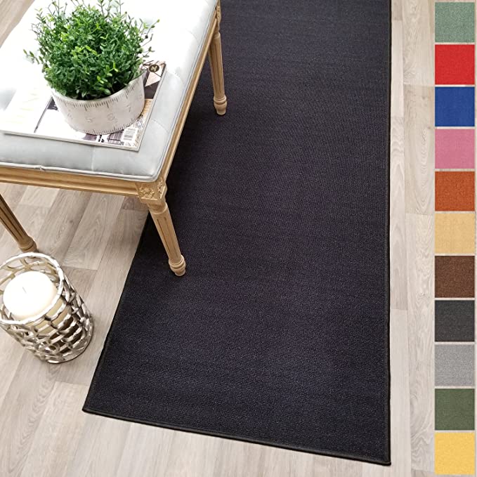 Custom Size Black Solid Plain Rubber Backed Non-Slip Hallway Stair Runner Rug Carpet 22 inch Wide Choose Your Length 22in X 5ft