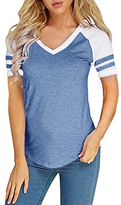 Foshow Womens V Neck Raglan Baseball Tee Tshirts Short Long Sleeve Jersey Striped Colorblock Casual Blouses Tops