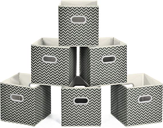 MaidMAX Cloth Storage Cubes, Cube Organizer Bins, Foldable Storage Baskets with Dual Plastic Handles for Home Office Nursery Drawers Organizers, Dark Gray Chevron, 10.5×10.5×11 inches, Set of 6