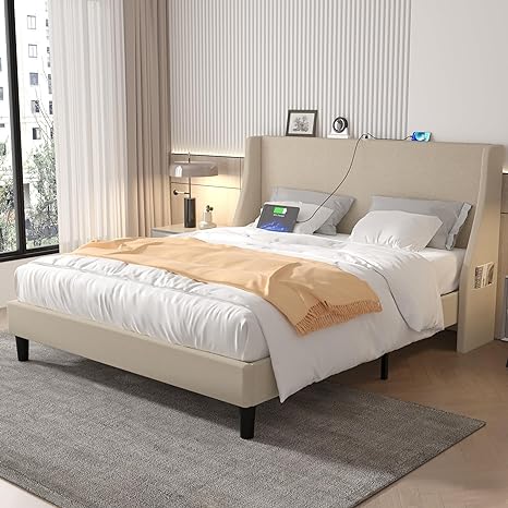 VECELO Queen Bed Frame with Upholstered Wingback Headboard, Heavy-Duty Platform Bedframe with Charging Station & Side Pockets, No Box Spring Needed, Beige