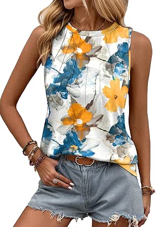 Zeagoo Summer Tank Top for Women 2024 Pleated High Neck Tops Loose Fit Flowy Dressy Tunic Sleeveless Shirts