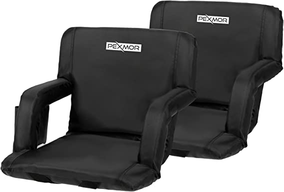 PEXMOR 2-Pack Stadium Seats for Bleachers with Back Support & Carrying Bag, 21'' Reclining Chair with Two Pockets for Drinks, Portable Padded Shoulder Straps, Armrests, Waterproof Anti-Slip Bottom