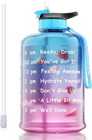 AOMAIS Motivational 1 Gallon Water Bottle with Time Marker & Straw, BPA Free Big Water Bottles,Wide Mouth, Leak Proof Lid with Spout, Reusable Plastic Large Water Jug for Sports Outdoor Activity