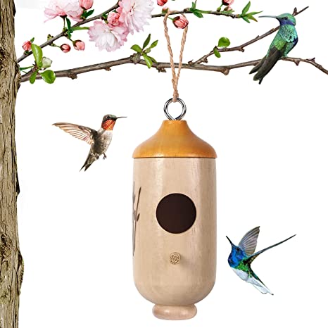 Hummingbird House for Outside Hanging for Nesting,Wooden Humming Bird Nest 1 Pcs with Hemp Ropes (Type B)