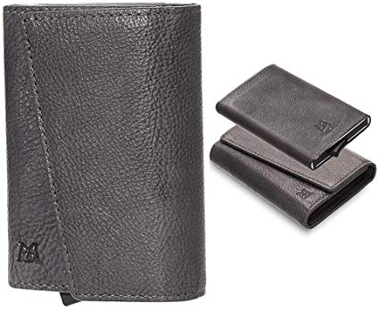 ManChDa Genuine Leather RFID Blocking Magnetic Money Organizer Trifold Wallet Aluminum Detachable Pop up Card Holder Case