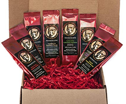 Best Cat Lover Coffee Lover Coffee Gift Set. 8 Delicious Fresh Roasted Coffees | Funny Feline-Inspired Names and Labels in Coffee Sampler Box with Festive Red Crinkle Paper Shred Bundle