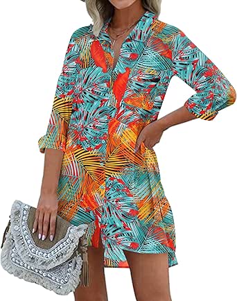 Ekouaer Women's Beach Bikini Cover Up Long Roll-up Sleeve Summer Button Down Coverup Shirt