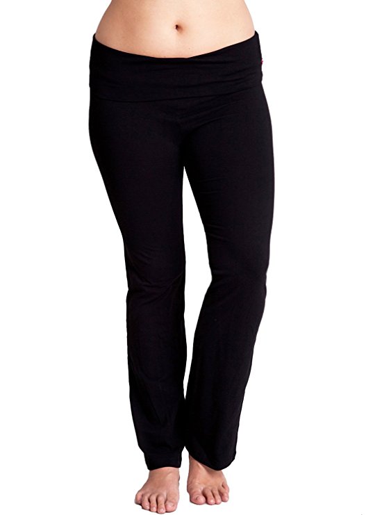 Clothes Effect Ladies Fold-Over Waist Legs Yoga Pants, Multiple Solids & Color Block Available