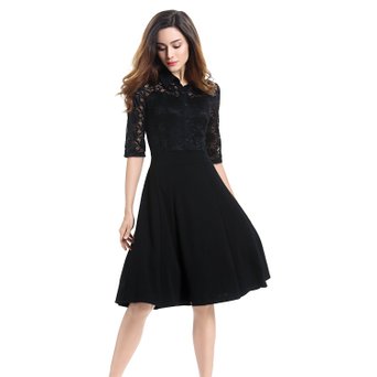 Half Sleeve Lace Dress - Vitalismo Women's A-line Vintage Style Cocktail Party Dress Knee Length Black